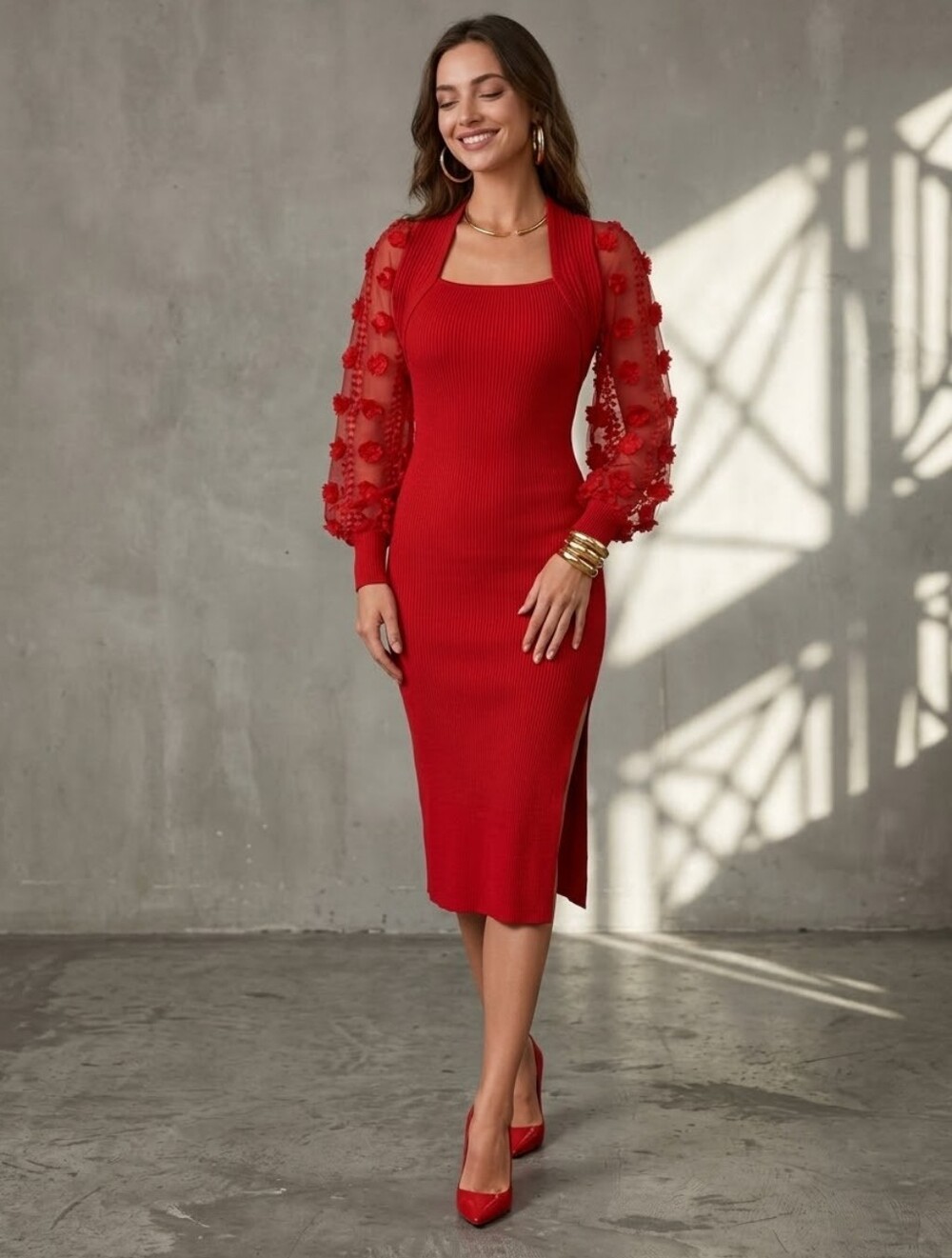 Almost Famous Red Ribbed Knit Midi Dress XL 3D Floral Applique Mesh Puff Sleeve
